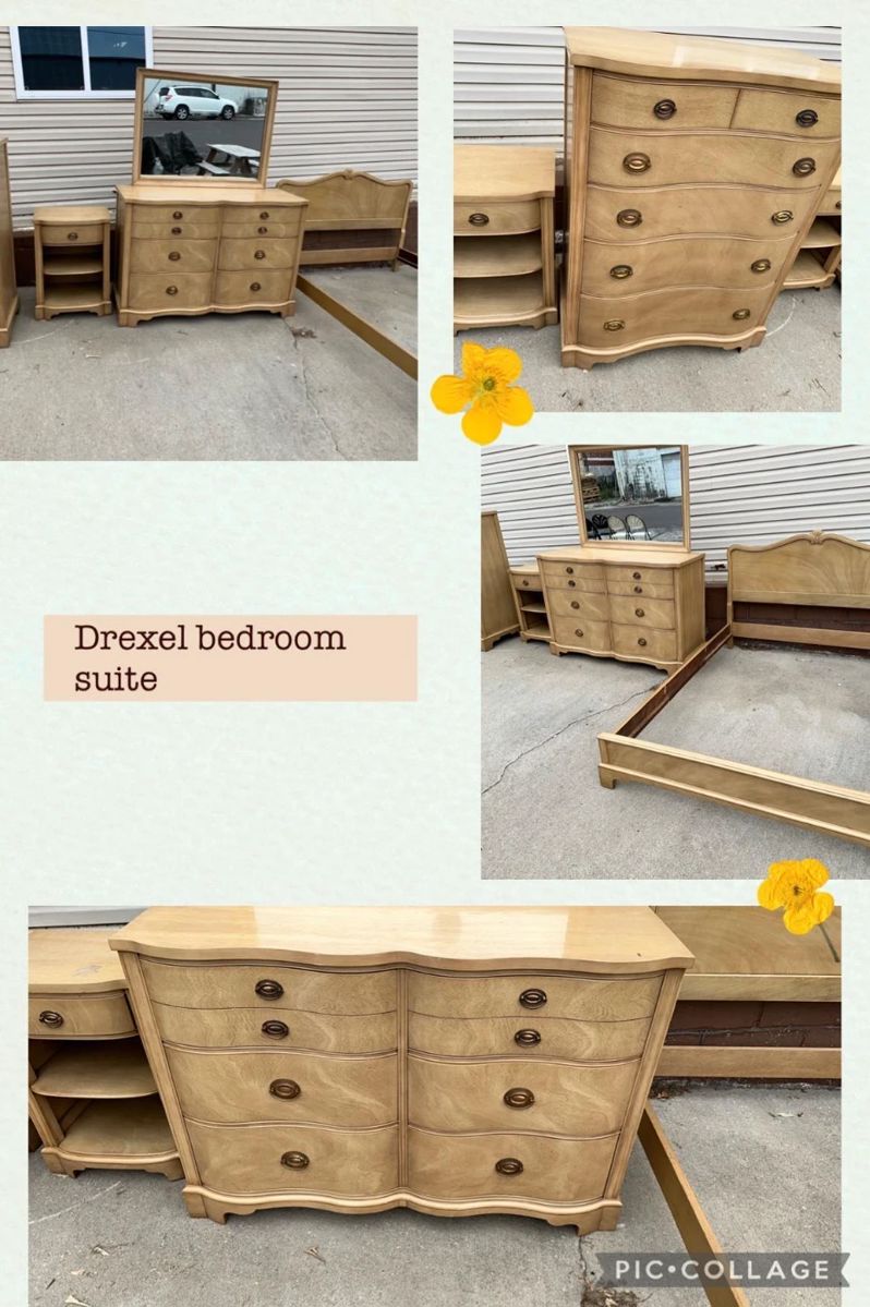Drexel bedroom suite, solid furniture, dovetail drawers, full-size headboard/footboard/rails, tall chest of drawers, 2 nightstands, dresser w/ mirror, 1 owner.