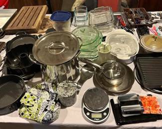 large stock pots, pots, pans, scale, bakeware