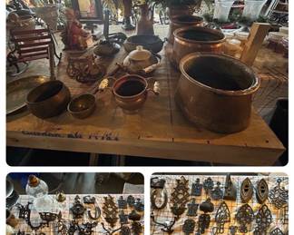 Copper pots, artificial plants, floral centerpiece, vintage iron trivets, cast iron hurricane kerosene lamp holders, vintage irons