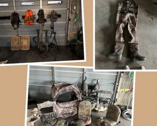 Hunting equipment - waders, backpacks, cat quiver, mud stools, birdboxes, boots, tripod, blind, chairs & decoys