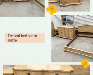 Drexel bedroom suite, solid furniture, dovetail drawers, full-size headboard/footboard/rails, tall chest of drawers, 2 nightstands, dresser w/ mirror, 1 owner.