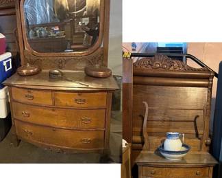 Beautiful antique tiger oak bedroom set (full-size), tall headboard, wooden rails, footboard, dresser with tilt mirror and washstand, vintage copper bed warmers, foot warmers