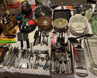 silverware, knives, trivets, bakeware, corningware, pyrex, pans, pottery