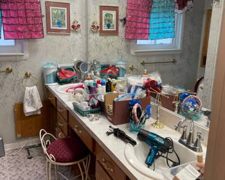 Lotions and potions and bathroom essentials, hair dryers, headbands, shampoos