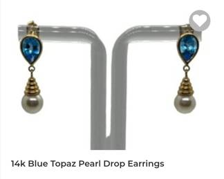 14k blue topaz pearl drop earrings