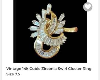 14k cubic zirconia swirl cluster ring