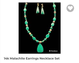 14k Malachite earrings necklace set