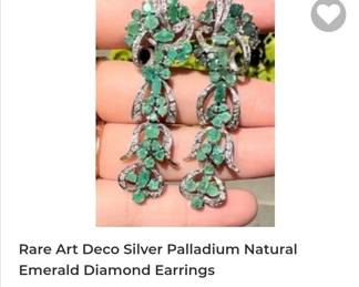 Silver palladium art deco emerald diamond earrings