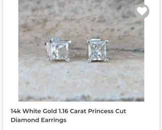 14k white gold 1.16 carat princess cut diamond earrings