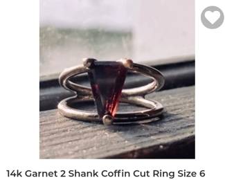 14k coffin cut garnet ring dual shank