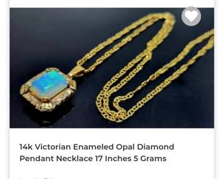 14k art deco enameled opal diamond pendent necklace