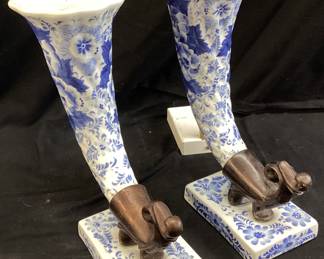  VTG. MAITLAND-SMITH BLUE & WHITE PORCELAIN HORN OF PLENTY  TRUMPET VASES, 12''H,