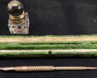 ANTIQUE CALLIGRAPHY PEN, ,BELIEVED TO BE THE PEN OF HENRY WILSON, ULYSSES S. GRANTS 1ST VICE PRESIDENT, PERSONALIZED NIB, TELESCOPING WITH INKWELL, DESCRIPTIVE TEXT INSIDE CASE ON LINER ''PRESENTED BY SISTER MATTIE DECEMBER 30TH, 1897, THERE ARE NO CERTIFICATES OF AUTHENTICITY, OWNERS PERSONAL RESEARCH,