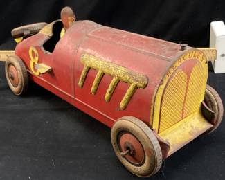 1920s J. CHEIN HERCULES TIN LITHO TOY RACE CAR, 19''L, COMES WITH THE ORIGINAL SPARE TIRE, RUMBLE SEAT, HERCULES TIRES,