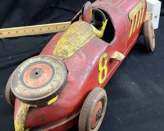 1920s J. CHEIN HERCULES TIN LITHO TOY RACE CAR, 19''L, COMES WITH THE ORIGINAL SPARE TIRE, RUMBLE SEAT, HERCULES TIRES,