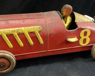1920s J. CHEIN HERCULES TIN LITHO TOY RACE CAR, 19''L, COMES WITH THE ORIGINAL SPARE TIRE, RUMBLE SEAT, HERCULES TIRES,