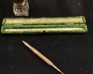 ANTIQUE CALLIGRAPHY PEN, ,BELIEVED TO BE THE PEN OF HENRY WILSON, ULYSSES S. GRANTS 1ST VICE PRESIDENT, PERSONALIZED NIB, TELESCOPING WITH INKWELL, DESCRIPTIVE TEXT INSIDE CASE ON LINER ''PRESENTED BY SISTER MATTIE DECEMBER 30TH, 1897, THERE ARE NO CERTIFICATES OF AUTHENTICITY, OWNERS PERSONAL RESEARCH,
