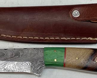 DAMASCUS STEEL BLADE KNIFE w LEATHER