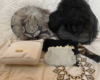 Vintage Ostrich Feather Detail Hats, Beaded Purse And London Fog Leather Bag