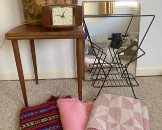 Vintage Wood Side Table, Metal Record Stand, Mirror