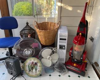 Lakewood Space Heater, Hoover Elite Rewind Vacuum, Fans, Desk Chair 