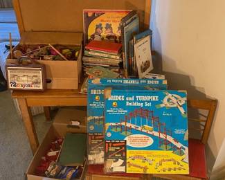 Vintage Toys Tinker Toys, Brick Town Set, Kenners Bridge Building Set,