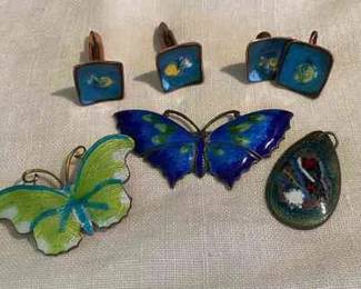 Cloisonne Butterfly Pins, Pendant, Earrings, And Cufflinks