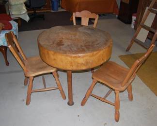 Unusual Antique Butcher Block Table and 3 Chairs