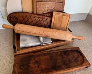 Cutting boards, wood cook blocks, cheese cutter, trivet, rolling pin, tray