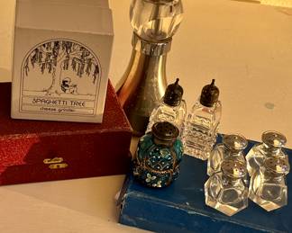 Cheese grinder, napkin rings, salt and peppers