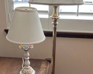 Brass floor lamp and majolica style table lamp