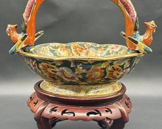 Vintage Japanese Moriage Cloisonné Handled & Footed Bowl