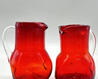 (2) Thick Red Art Glass Pitchers w/ Applied Handle