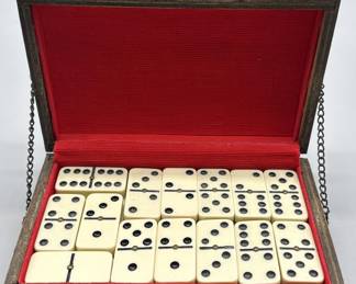 Vtg. Dominoes Set in Wooden Treasure Box w/ Red Lining