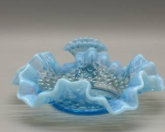 Antiq. Northwood Opalescent Blue Hobnail Glass Bowl w/ Ruffled Rim