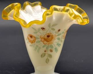 Vtg. Cased White Over Yellow Footed Vase w/ Flower