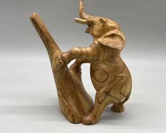 Wood Carved Rearing Elephant Figurine