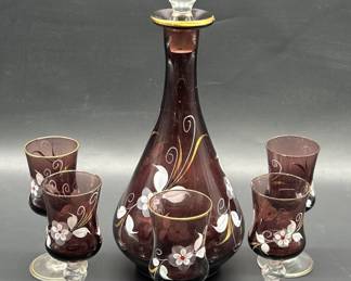 Mid Century Etched Amethyst Decanter Set w 5-Stems