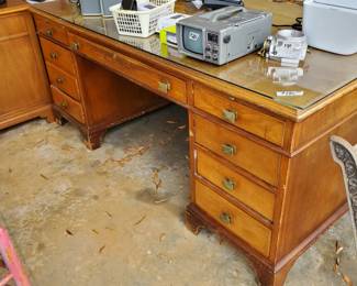 Vintage solid oak executive desk with glass top