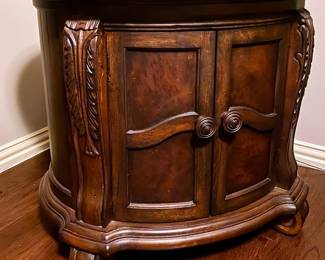 Burlwood Look Drum Style Two Door Accent Table Cabinet