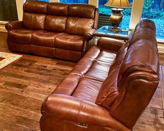 Cognac Leather Reclining Sofa Pair