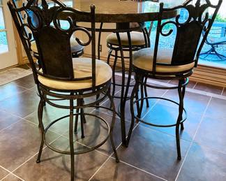 Faux Stone Top Pub Table with 4 Scroll Design Swivel Chairs