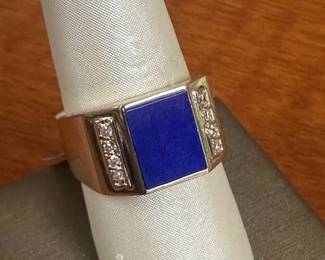 14 k mens diamond and lapis lazuli  ring 
