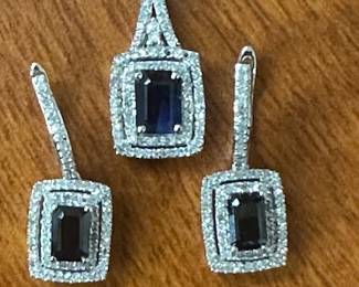 14 K WHITE GOLD SAPPHIRE AND DIAMOND EARRINGS AND NECKLACE SET 4 CT 