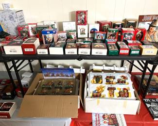 WINNIE THE POOH TRAIN ORNAMENT AND TIGGER TRAIN ORNIMENT SETS, PLUS LOTS OFRETIRED VINTAGE HALLMARK KEEPSAKE ORNAMENTS.