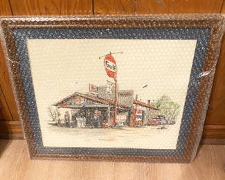VINTAGE GULF GAS STATION PRINT FRAMED.