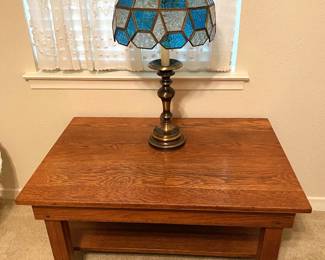 ANTIQUE SMALL OAK COFFEE TABLE AND AWESOME HEAVY TIFFANY STYLE LAMP.