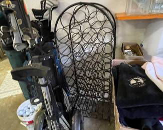 wine rack, golf clubs