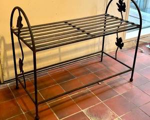 Decorative Metal Bench with Leaf Design, measures 31 x 15 x 24 inches. Light wear. 