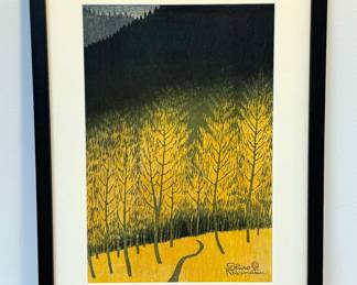 Framed Woodblock Print, Shadow of Mountains / Mountain Shadow, Yamakage by Shiro Kasamatsu. (1898-1991). Measures 14.5" x 19.5" 
